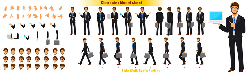 Businessman Character Model sheet with Walk cycle Animation Sequence 