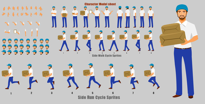 Courier Person Character Model sheet with Walk cycle and Run cycle Animation Sequence