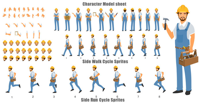 HandymanCharacter Model sheet with Walk cycle and Run cycle Animation Sequence 