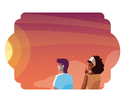 Interracial Couple Contemplating Horizon Of Sky Sunset Scene