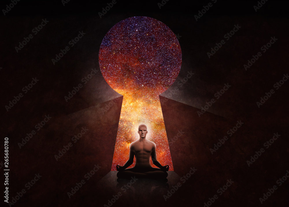 Poster man in front of key hole with universe behind