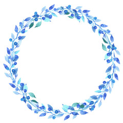 Wreath with leaves and floral elements in blue,   and green color. Hand painted in watercolor.