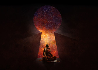 Buddhist novice in front of key hole with universe behind