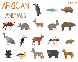 African animals set of icons in flat style, African fauna, dwarf goose, african vulture, buffalo, gazelle dorkas, etc. vector illustration © Vladislav