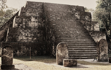 Ancient Temple of Maya with steles. Complex P, Tical, Guatemala