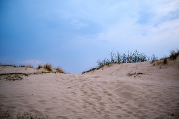 calm sea beach on the shore of Baltic sea with blue clouds and low tide