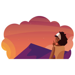 afro woman contemplating horizon in lake and mountains scene