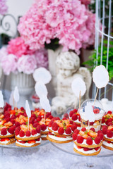 Buffet with sweets. Cakes with raspberries. Sweet table for banquets, weddings, parties.