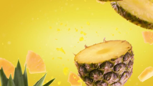 Pineapple with Slices Falling on Yellow Background