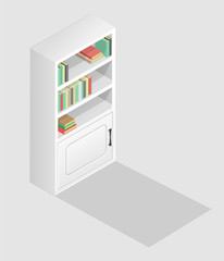 white bookcase in isometric style. Books on the shelf. Wardrobe in the library or living room.