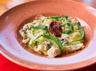 Risotto with chicken fillet, slices of parmesan and dried tomatoes close-up
