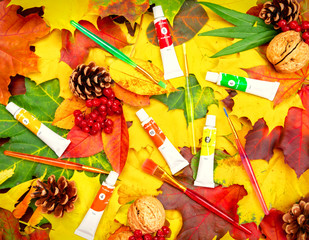 Autumn background of yellow and colored leaves,