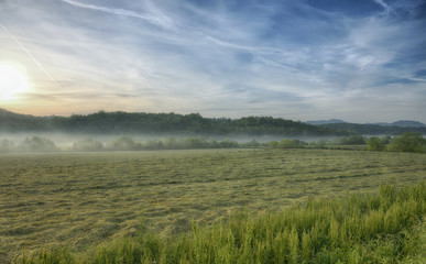 "Fresh Cut Hay" sunrise over a pasture of freshly cut hay with fog ZDS Zmericana Landscapes