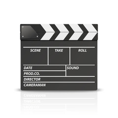 Obraz premium Vector 3d Realistic Blank Closed Movie Film Clap Board Icon Closeup Isolated on White Background. Design Template of Clapperboard, Slapstick, Filmmaking Device. Front View