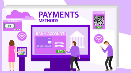 Cash money and electronic payment methods. Payment methods vector flat illustration. Payment method and option or channel to transfer