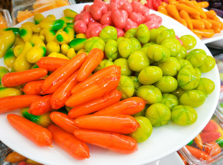 Deletable imitation fruits (Look choup) or fruits shape mugs bean in jelly. Thai traditional favorite desserts.