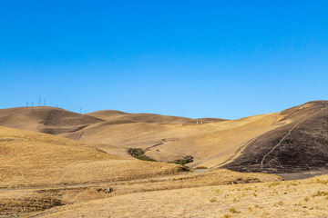 Charred fields in the Californian countryside following a fire due to drought