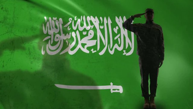 Saudi Arabian Soldier Silhouette Saluting Against National Flag, Country Pride