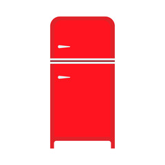 Red fridge fresh domestic electric freeze furniture icebox. Refrigerator front view vector flat icon