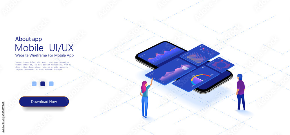 Leinwandbilder people work and interacting with graphs with smartphone. data visualization concept. isometric illus