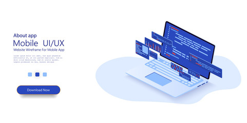 Programming web banner. Web development, application design, coding and programming on laptop concept with programming language and program code