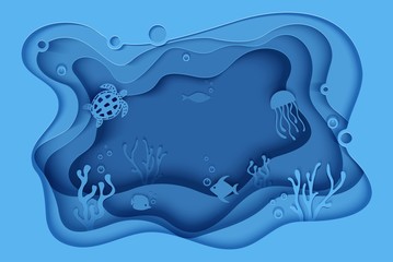 Paper cut butterflyfish, jellyfish, moonfish, turtle. Paper craft underwater ocean cave with fishes, coral reef, seabed in algae, waves. Diving concept, deep blue marine life. Vector sea wildlife.