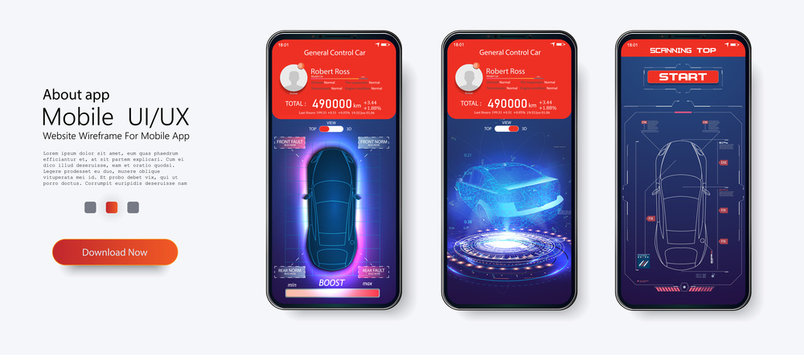 Modern design of mobile application of car service. Home,menu, type of service. Futuristic custom car diagnostic interface in the style of the HUD UI GUI. Abstract virtual  touch user interface.Vector