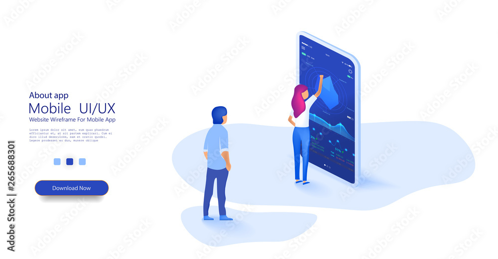 Poster people work and interacting with graphs and devices with smartphone. online statistics and data anal