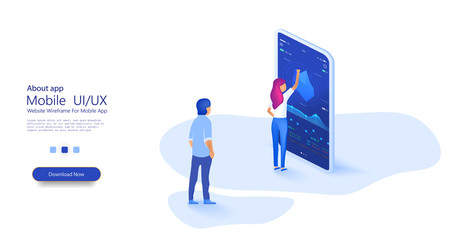 People work and interacting with graphs and devices with smartphone. Online statistics and data Analytics. Can use for web banner, infographics. Flat isometric vector illustration isolated