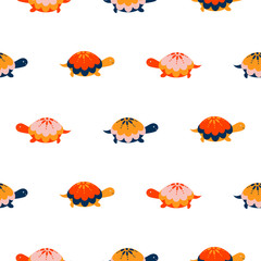 Turtle seamless vector pattern. Cartoon style red fun tortoise background.