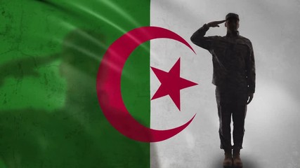 Algerian soldier silhouette saluting against national flag, military forces - Powered by Adobe