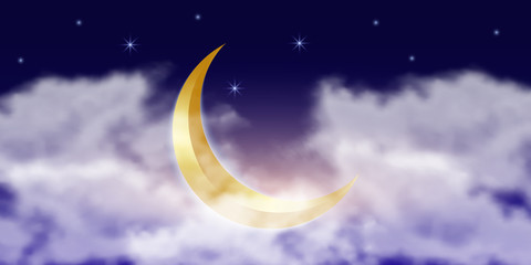 Naklejka na ściany i meble Muslim golden crescent in clouds with stars. Ramadan Kareem background. Vector illustration.