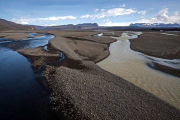Glacial runoff permeate the volcanic sand plain Skeidararsandur, Southern Region, Iceland, Europe