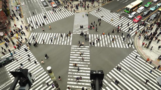Aerial view of traffic intersection in Ginza, Tokyo, Japan.
