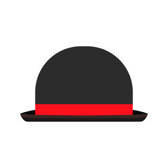Bowler hat classic accessory clothing symbol vector icon. Flat vintage gentlemen cylinder red label