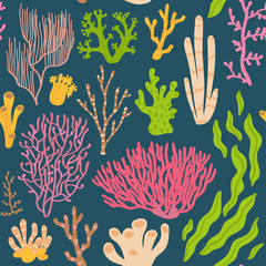 Coral seamless pattern. Sea plants on a blue background. Vector illustration