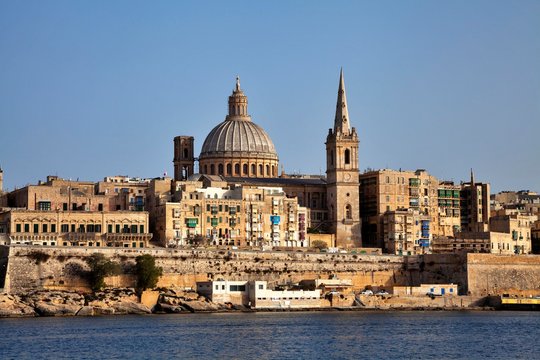 View of Sliema, St. Pauls Cathedral and Carmelite Church, Marsamxett Harbour, Valletta, Malta, Europe