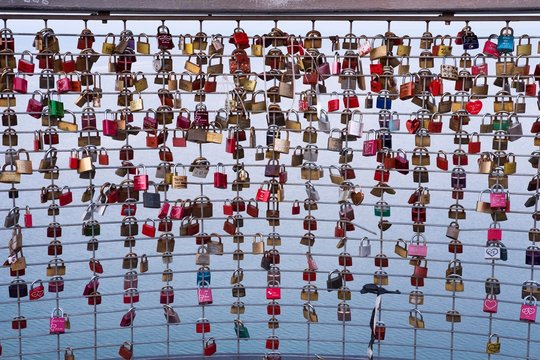 Love locks on the railing of Moleturm, Friedrichshafen on Lake Constance, Lake Constance district, Upper Swabia, Swabia, Baden-Wurttemberg, Germany, Europe