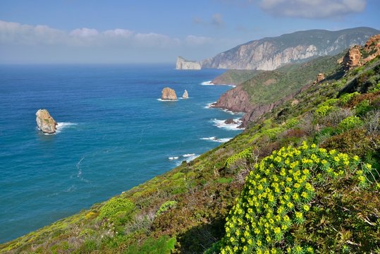 Coastline, behind rocky island Pan di Zucchero, Nebida, Golfo di Gonnesa, Sardinia, Italy, Europe