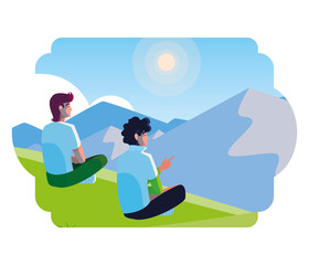 men contemplating the horizon in the field scene