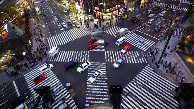 Aerial view of traffic intersection in Ginza, Tokyo, Japan.