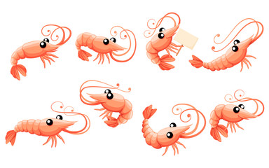 Cute shrimp set. Cartoon animal character design. Swimming crustaceans icon collection. Flat vector illustration isolated on white background