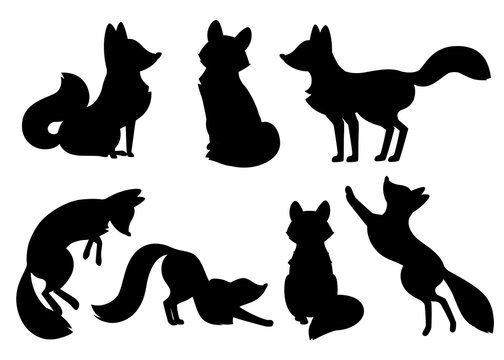 Black silhouette. Cute cartoon fox set. Funny red fox collection. Emotion little animal. Cartoon animal character design. Flat vector illustration isolated on white background
