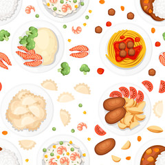 Seamless pattern. Different dishes on the plates. Traditional food from around the world. Icons for menu logos and labels. Flat vector illustration on white background