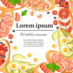 Set of Bruschetta with different ingredients - salmon, tomatoes, shrimps, meat, parmesan. Flat vector illustration on white background. Place for text. Advertising flyer or greetings card design