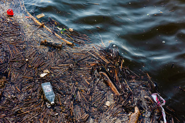 Fototapeta premium Plastic bottles and other debris in the water. Top view