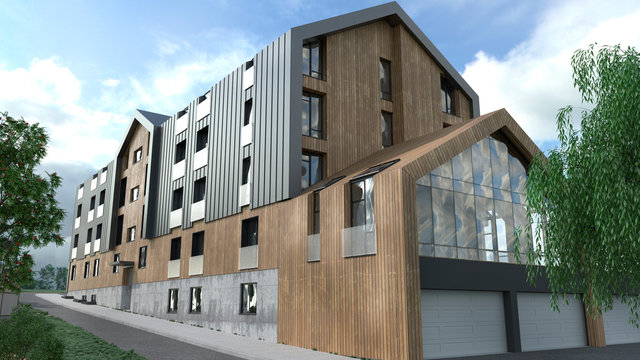 3d rendering of building with apartments wood and glass