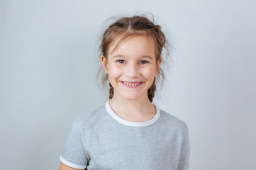 Little child girl posing at studio.Perfect emotional portrait fashion kid. Beautiful face caucasian child 6-7 years