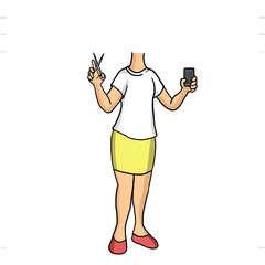 Fototapeta na wymiar cartoon Woman holding a scissors and a cellphone 
