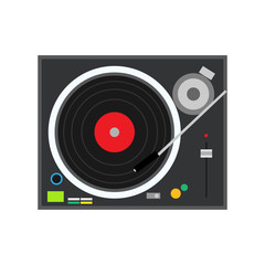 Turntable play technology stereo musical DJ electronic vinyl record vector. Mixing club party techno plate sound jockey